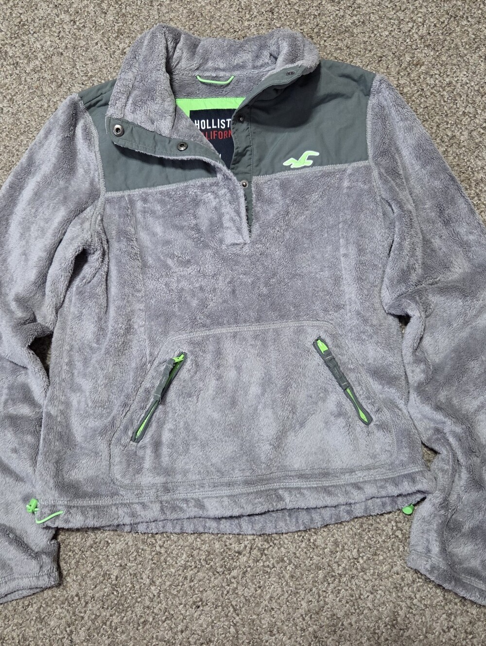 Hollister Fleece Sweater Women Girls Size M Gray Lime Green Quarter Snap Y2K